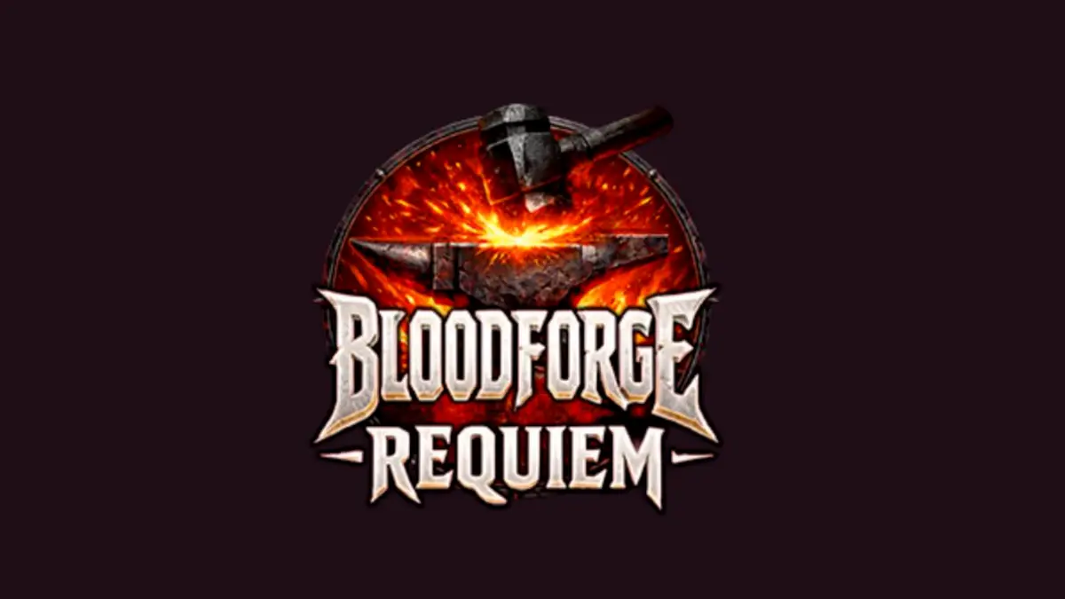 Pemandangan bengkel pandai besi yang membara dalam slot Bloodforge Requiem