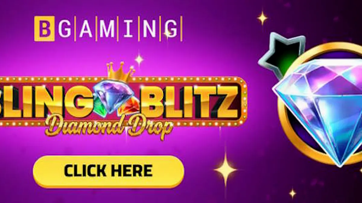 Tampilan visual permainan slot Bling Blitz Diamond Drop dengan tema berlian dan peti harta karun.