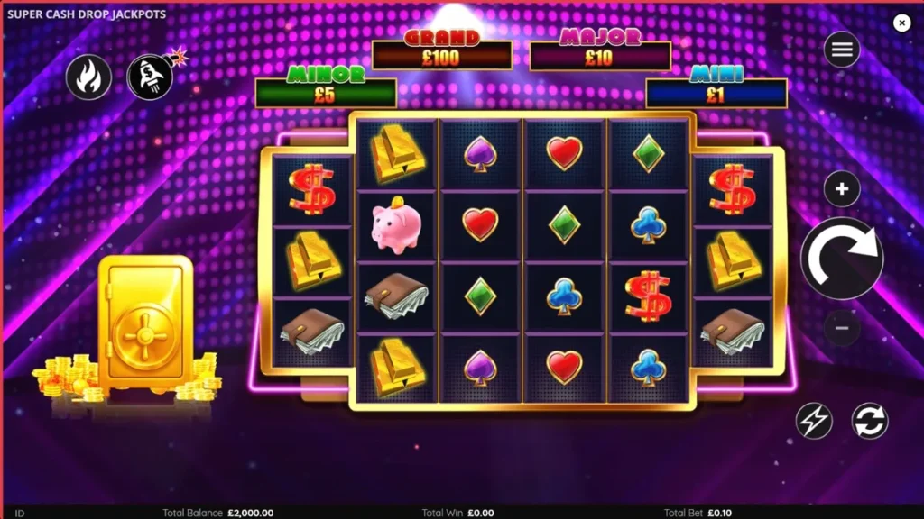 Tampilan visual slot Super Cash Drop Jackpots dengan tema brankas neon