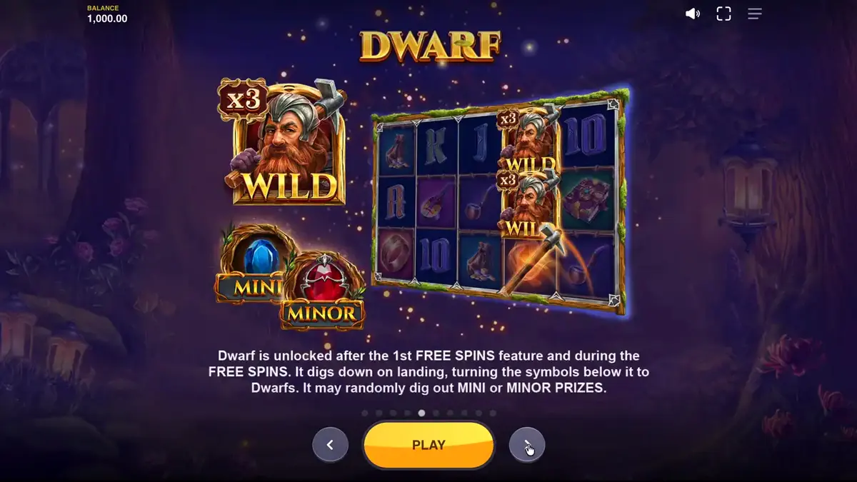 Pemandangan hutan mistis dalam slot Land of Riches dengan karakter fantasi
